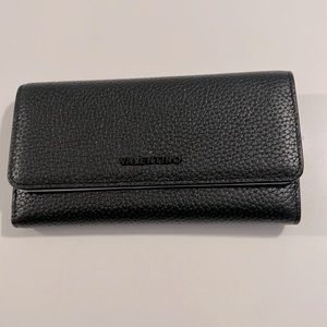 Valentino Tri-Fold Wallet in Black Pebbled Leather